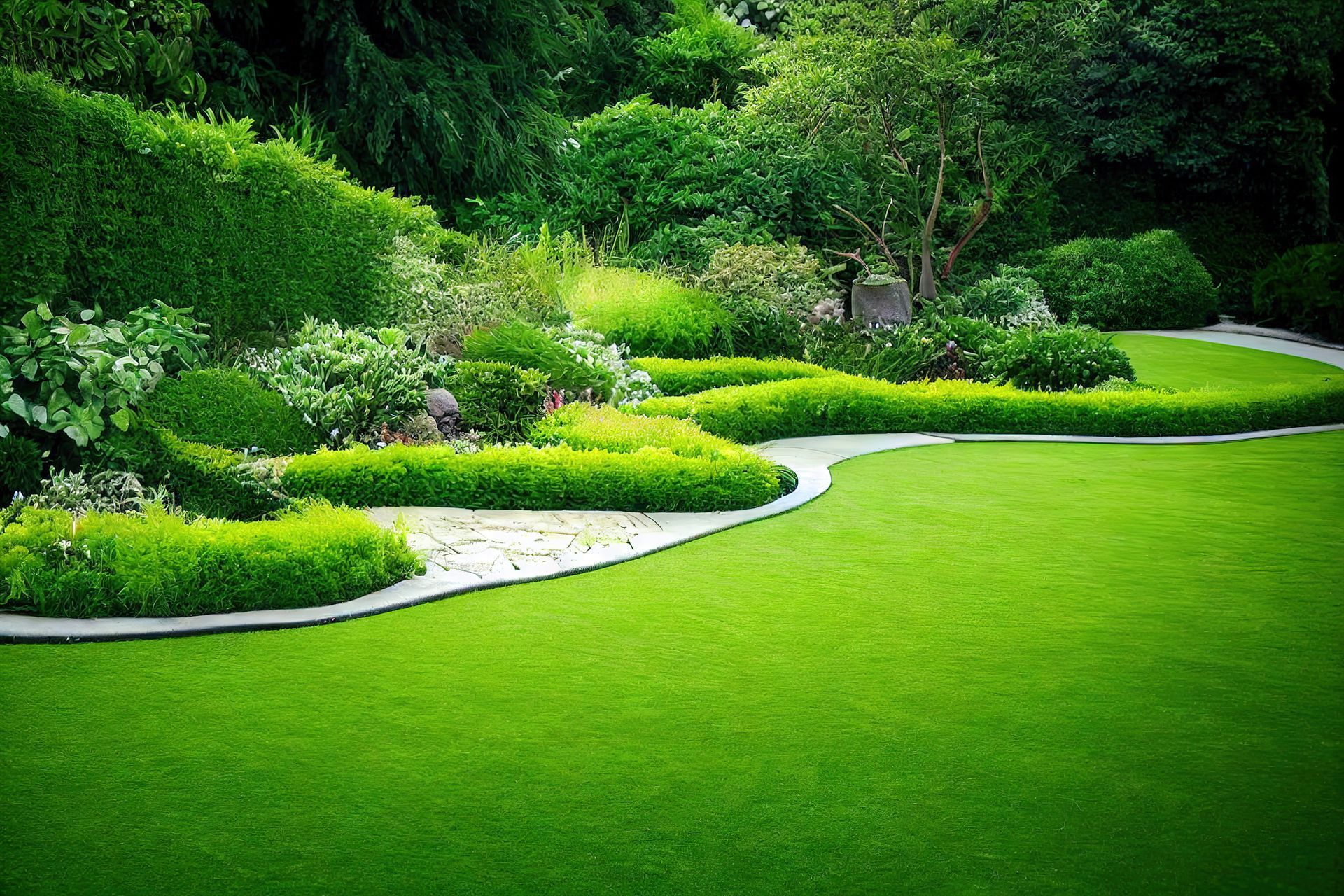 a lush green garden with a path going through it