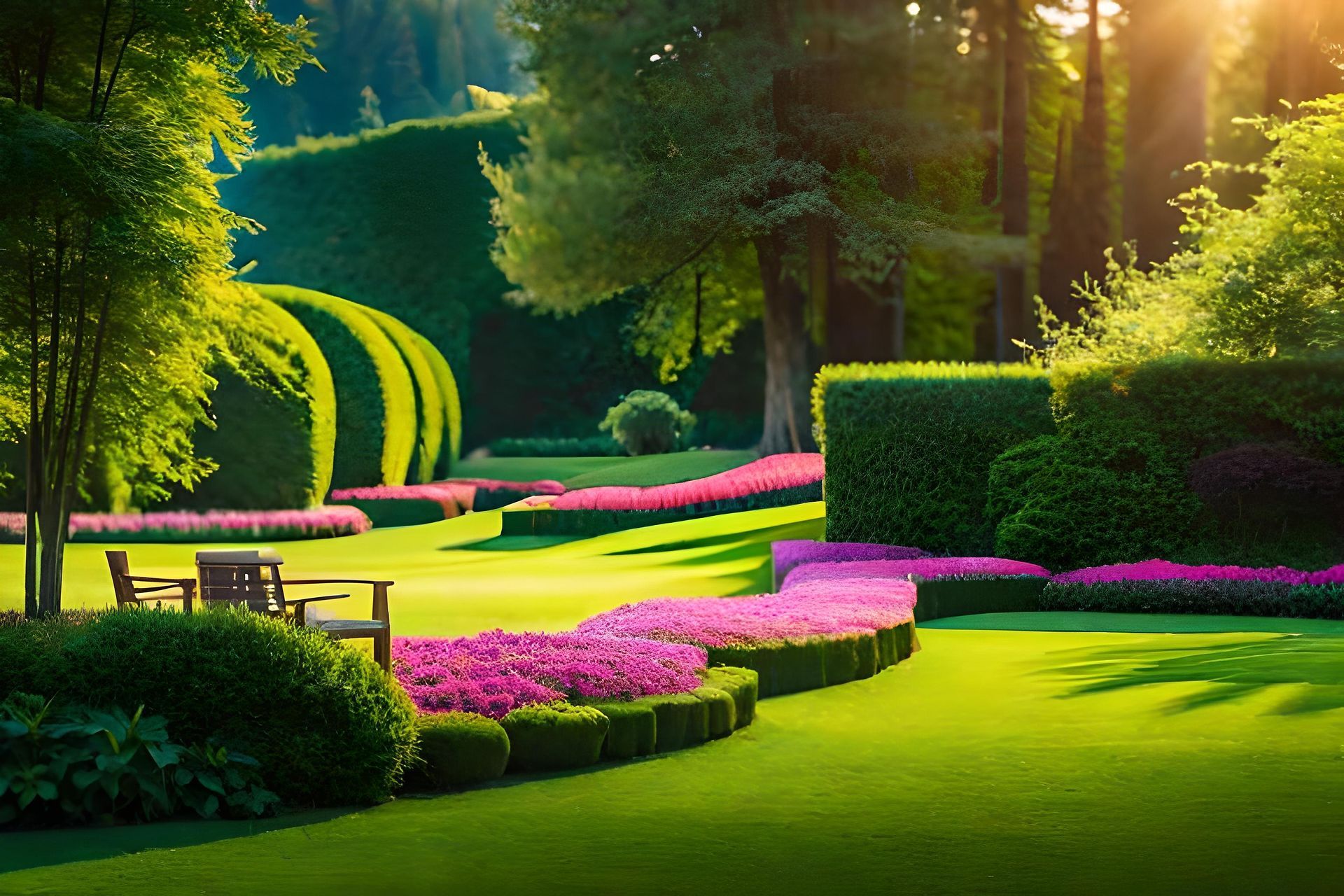 a lush green garden with purple flowers and trees