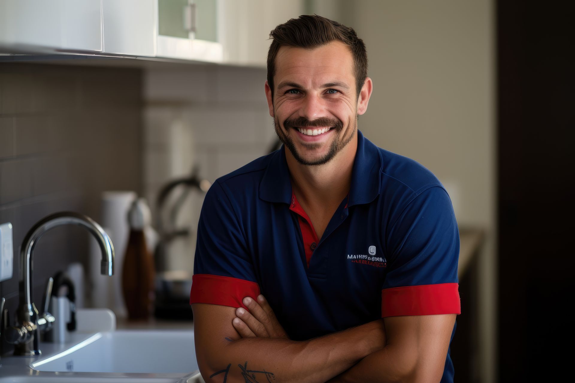 a man with a mustache is standing in a kitchen with his arms crossed and smiling .