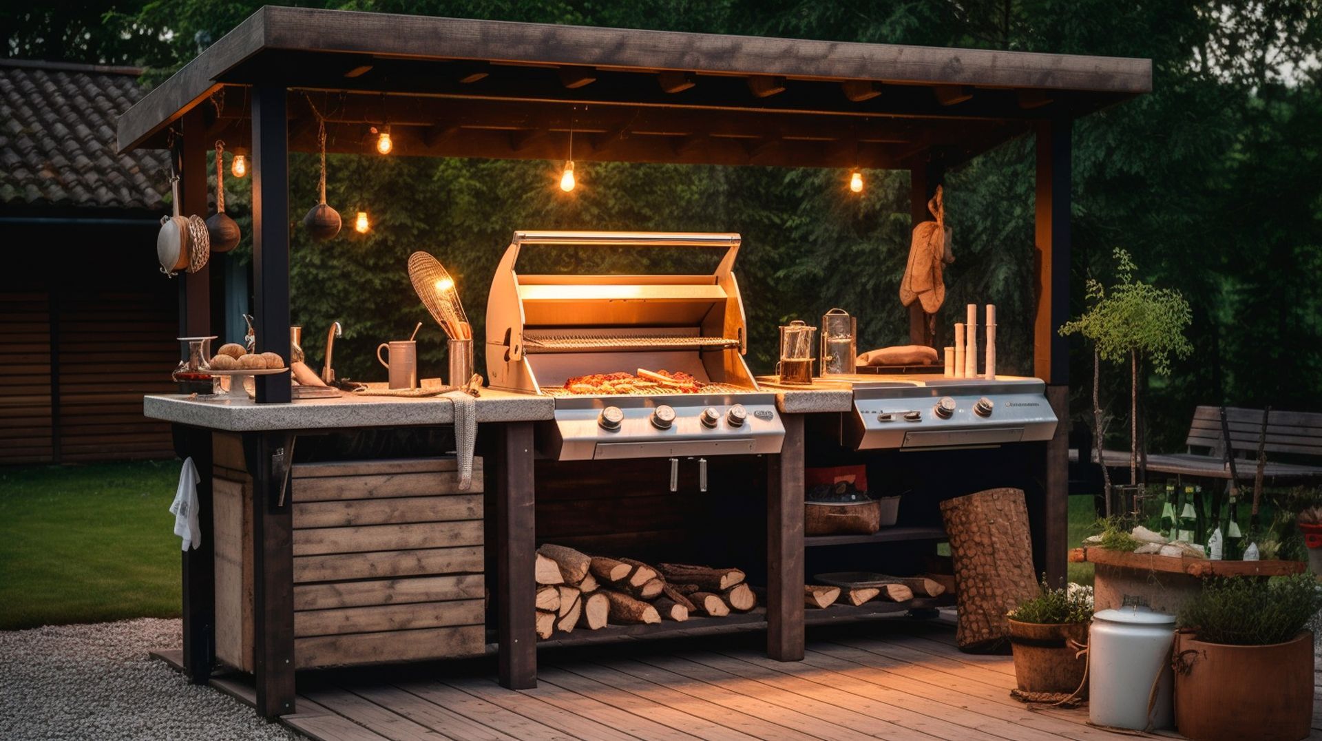 a large outdoor kitchen with a grill , stove , and wood .