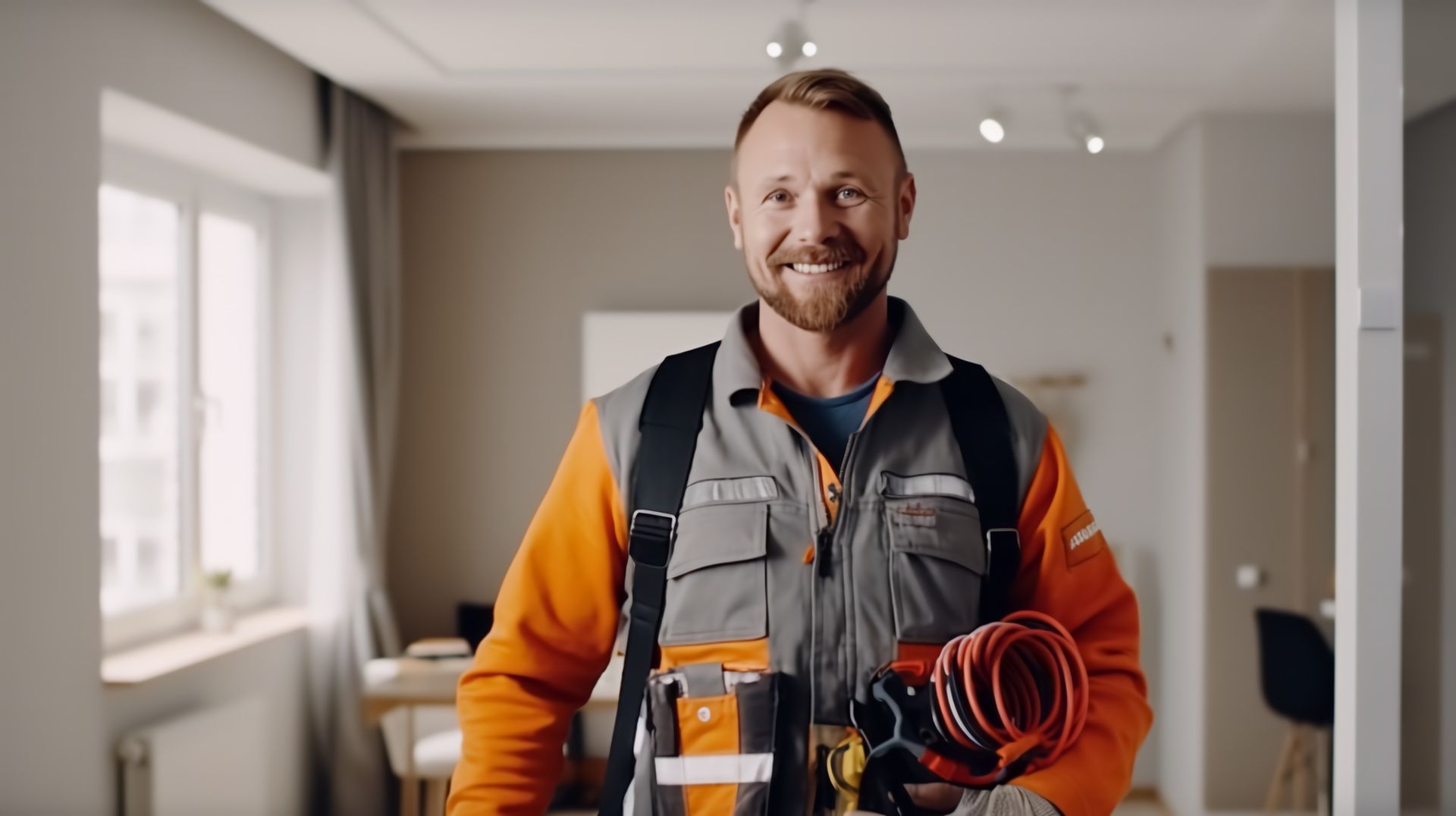 a man in a work uniform is holding a bunch of wires and smiling .