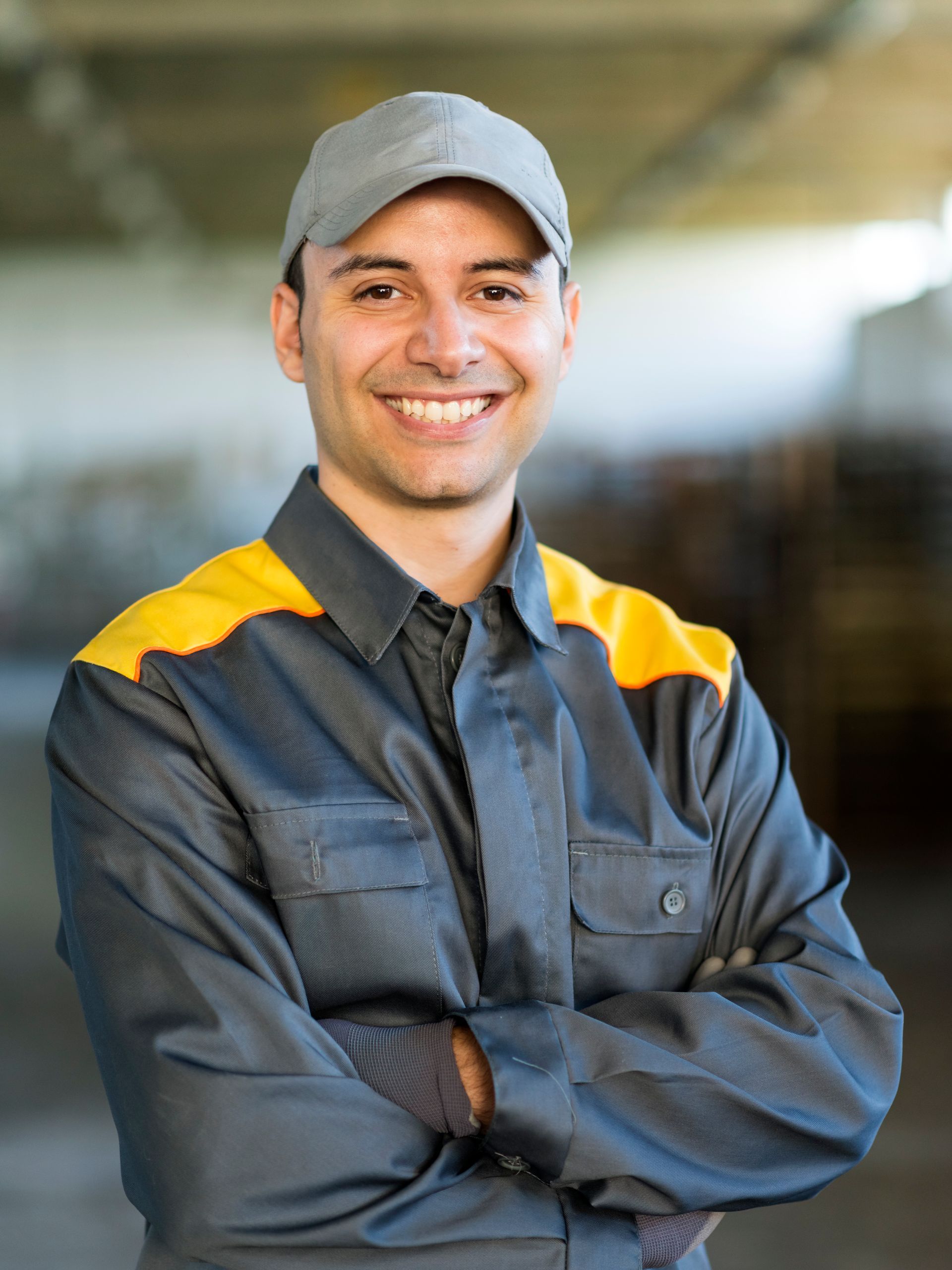 a man wearing a hat and overalls is smiling with his arms crossed .