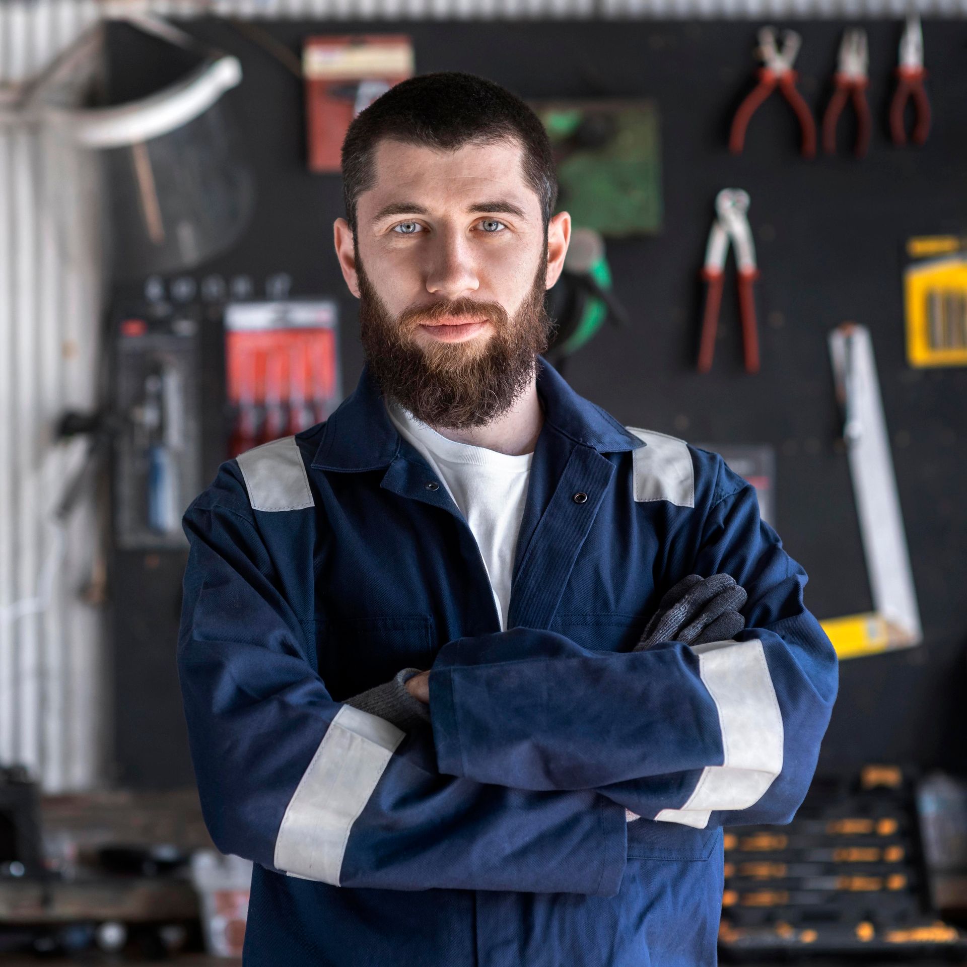 a man with a beard is standing in a garage with his arms crossed .