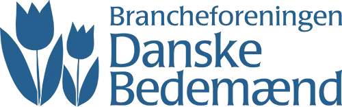 Logo for Brancheforeningen Danske Bedem&aelig;nd with blue tulip icon and text on white background