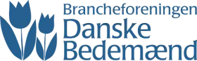 Logo for Brancheforeningen Danske Bedem&aelig;nd with blue tulip icon and text on white background