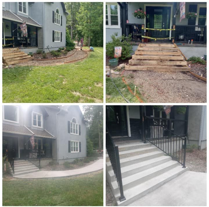 Renovation of a home's front steps.  From wood steps to concrete with railings, and a new walkway.