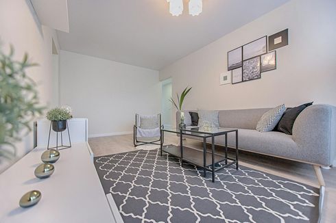 Living room with gray sofa, patterned rug, and wall art.