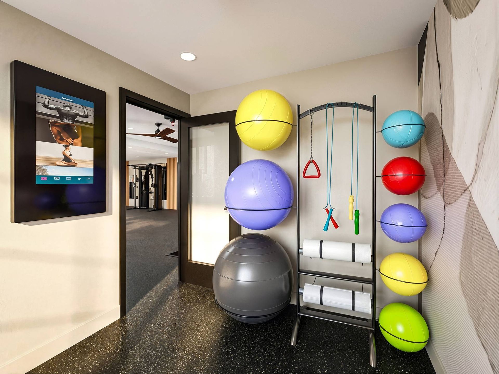 Gym corner with colorful exercise balls, mats, and hanging resistance gear.
