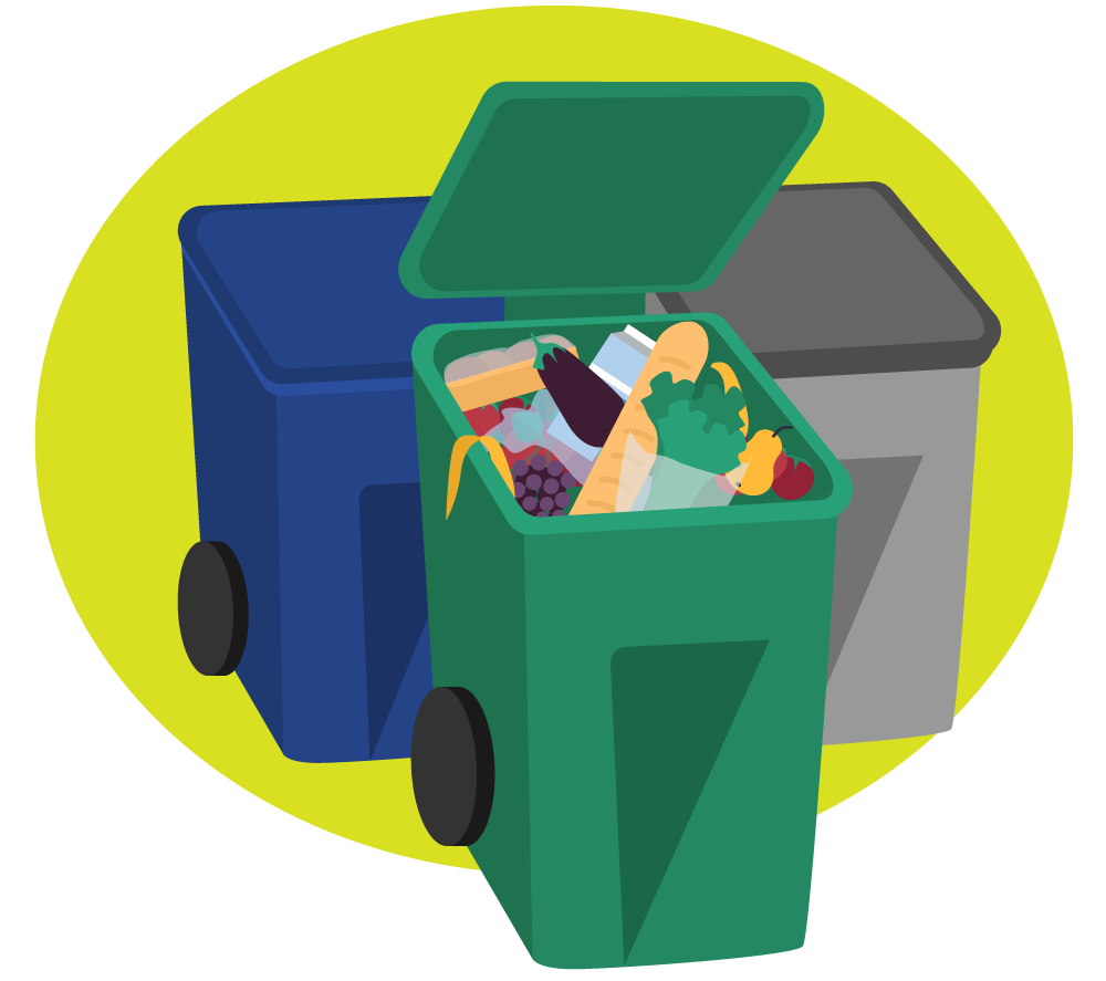 Illustration of Recycle, Green Waste, and Trash Carts