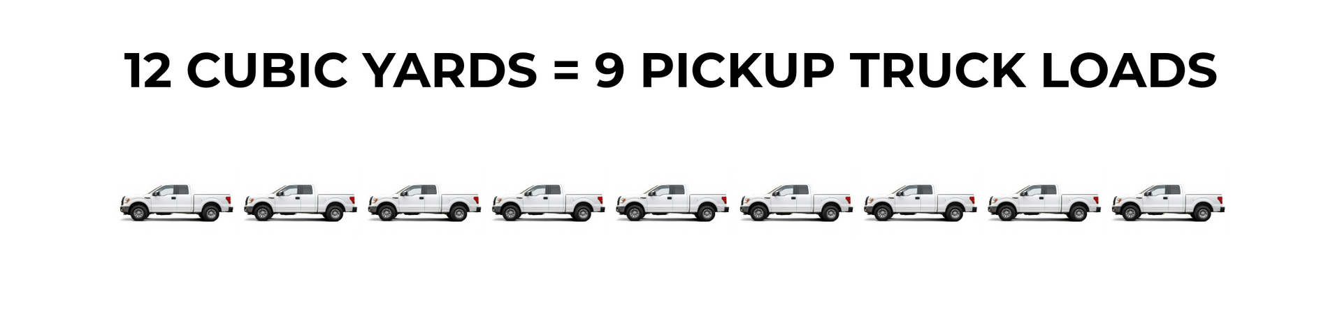 12 cubic yards = 9 pickup truck loads. image of 9 pickup trucks