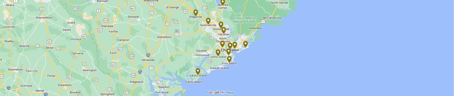 Map showing locations of points in a coastal region, with a landmass in shades of green and a blue ocean.