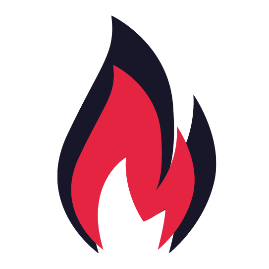 A red and black flame on a white background