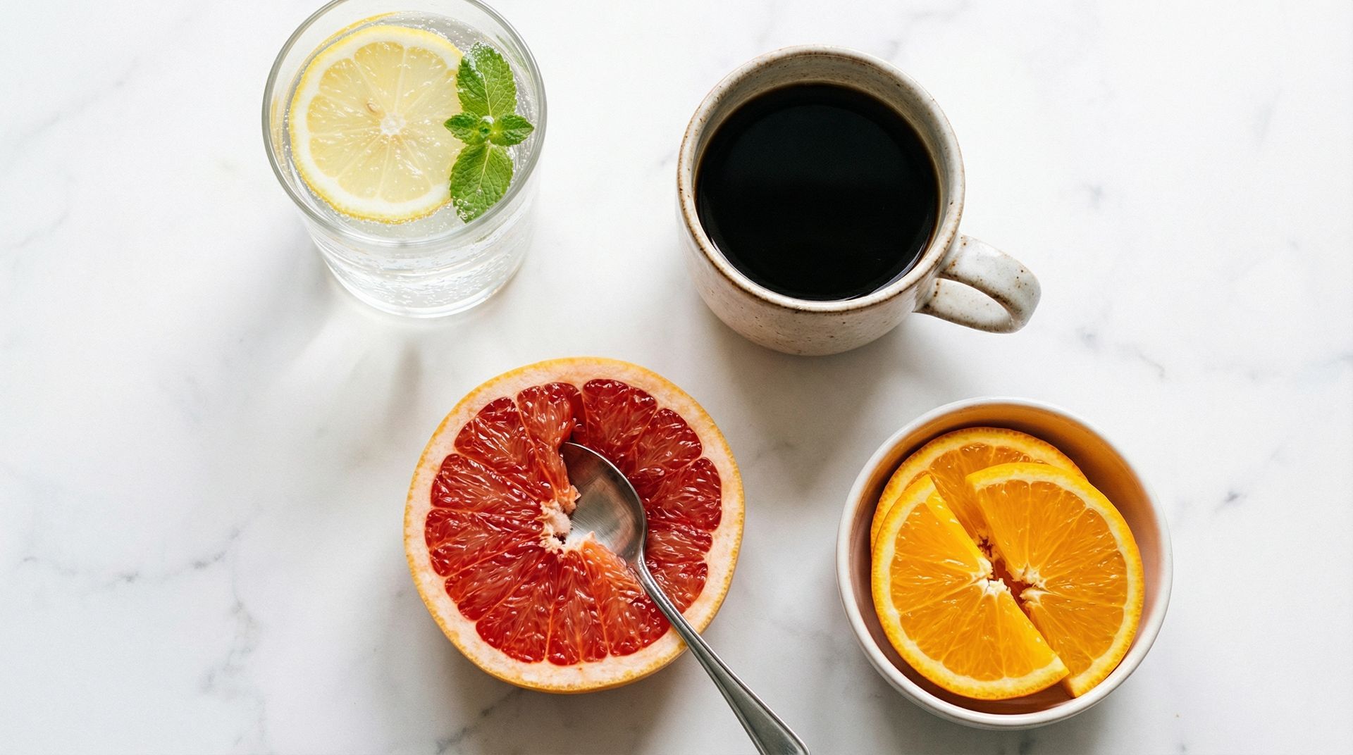 A grapefruit half with a spoon, a bowl of orange slices, a cup of black coffee, and a glass of lemon water on a marble top.