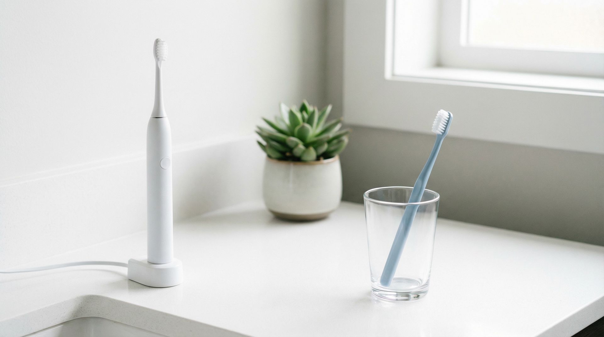 A white electric toothbrush on its charger and a light blue manual toothbrush in a glass near a potted plant on a counter.