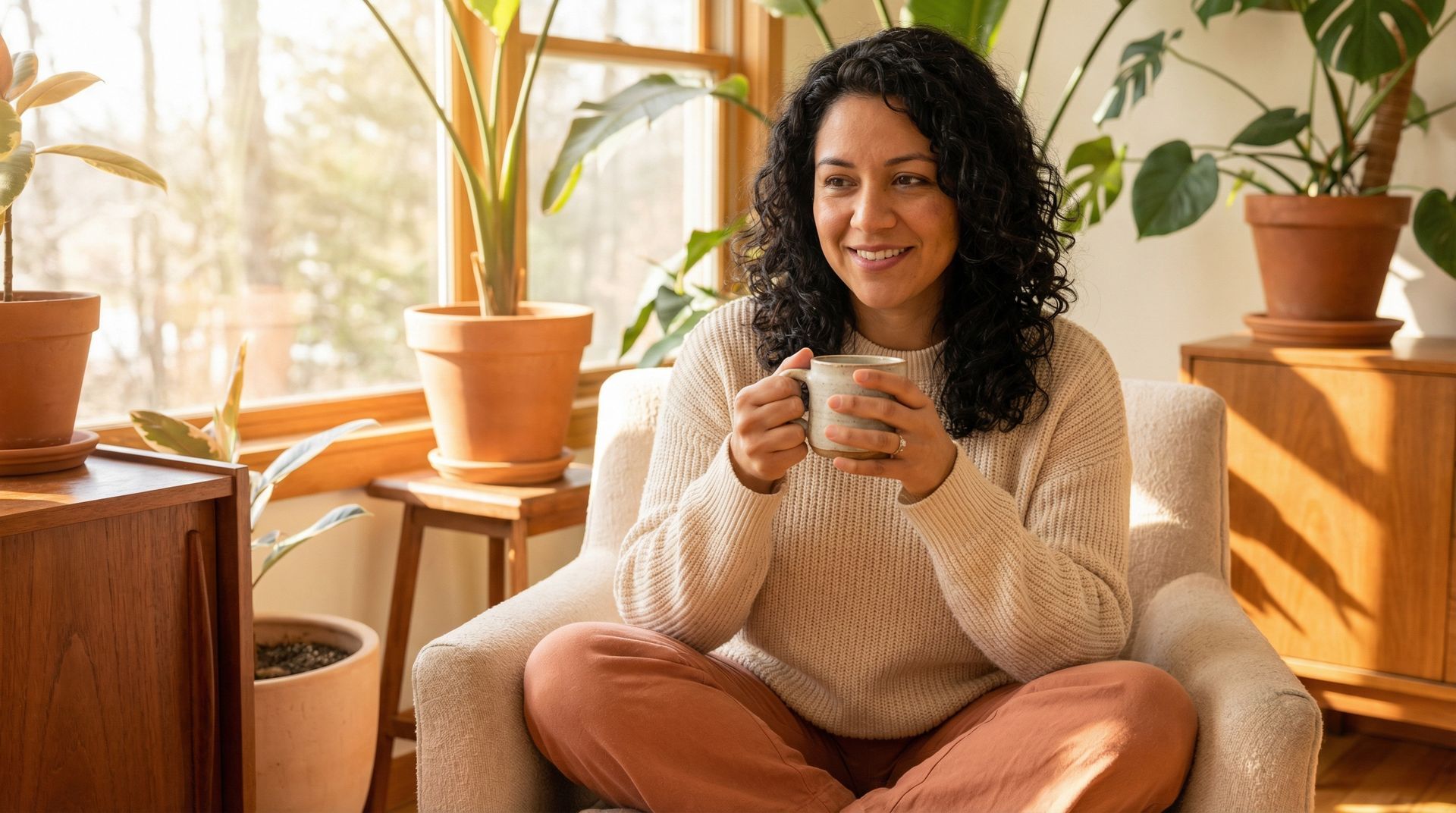 A person with curly dark hair sits in a chair, holding a mug, surrounded by potted plants in a sunlit room.
