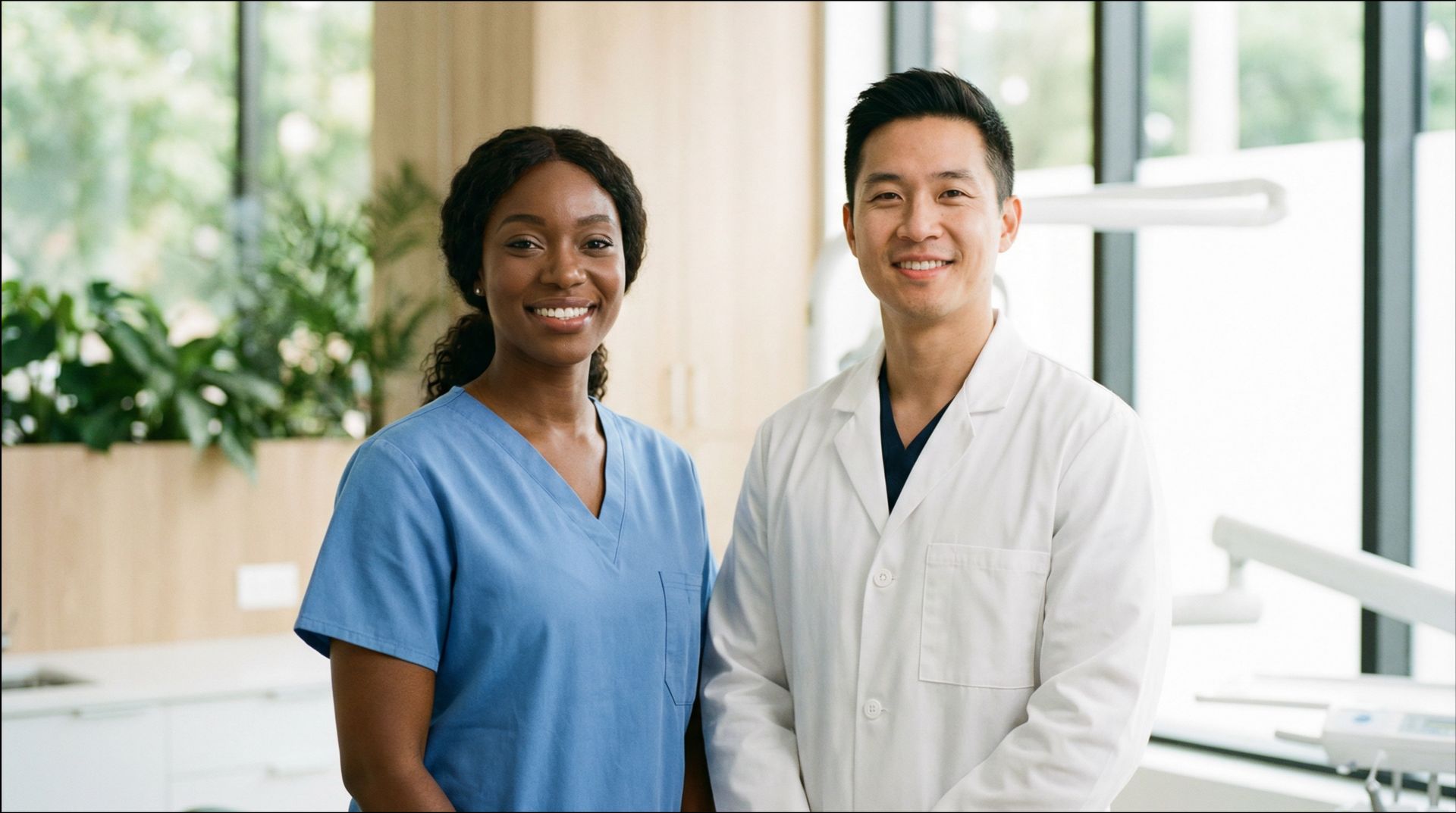 Dental assistant and dentist smiling, standing in a dental office.