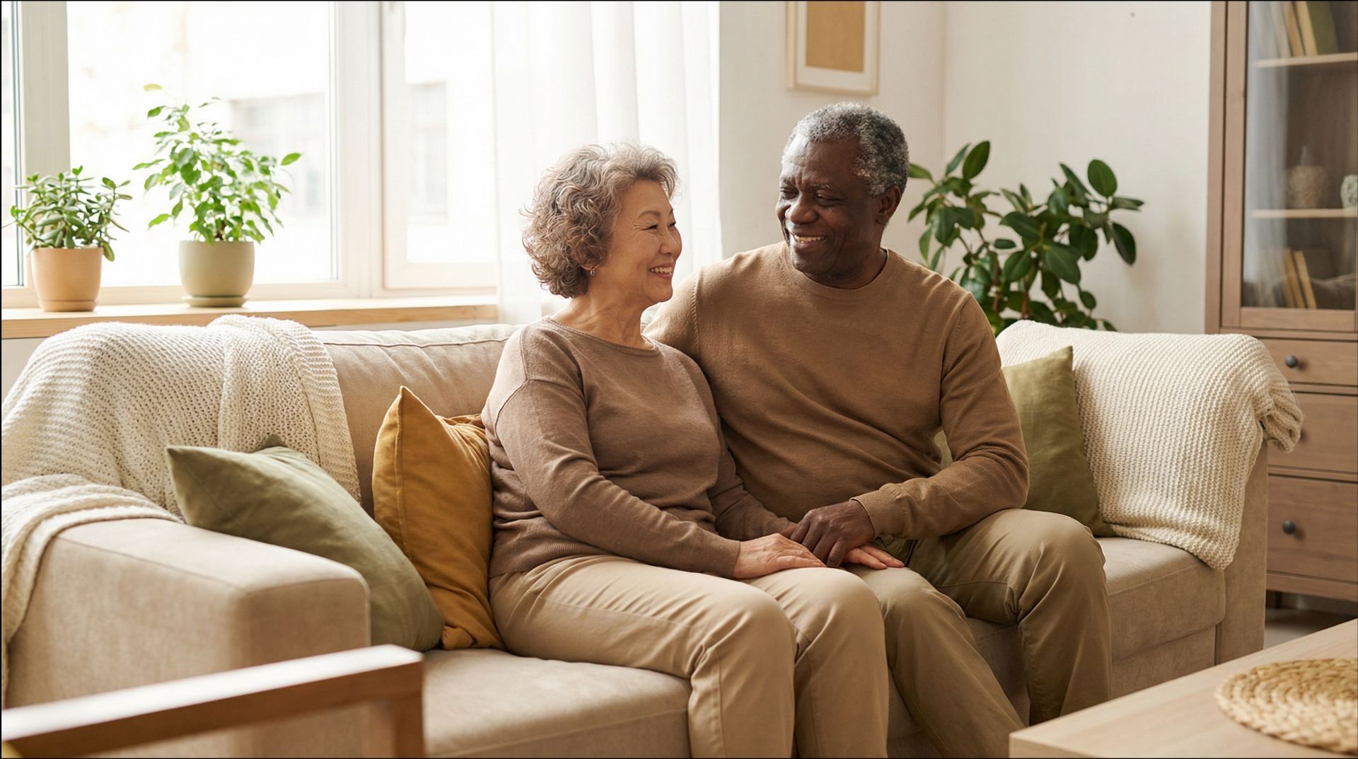 Couple sits close on a sofa, looking at each other. Indoors, neutral colors.