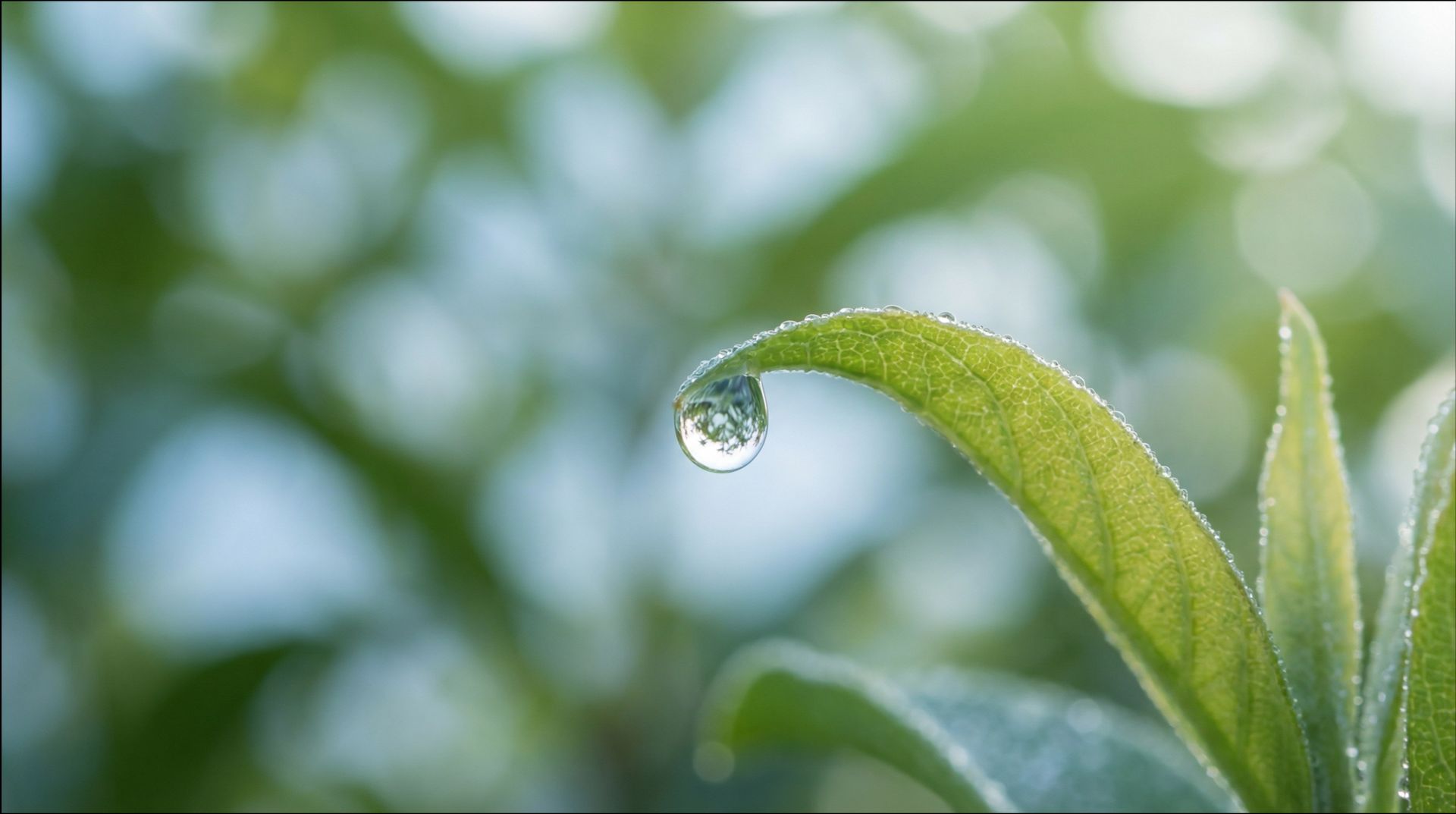 Water droplet at the tip of a curved green leaf, with a blurred green background.