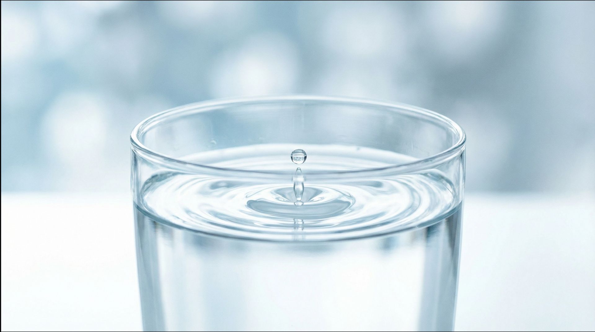 A glass of water with a single drop creating ripples on the surface.