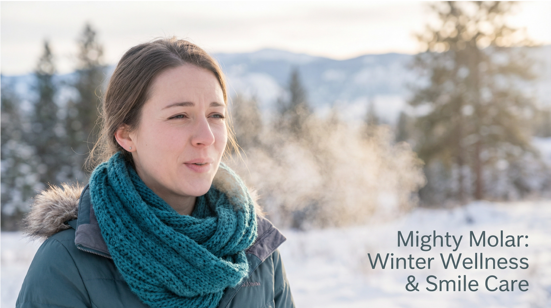Woman exhaling breath in winter setting, wearing a scarf. Text: 