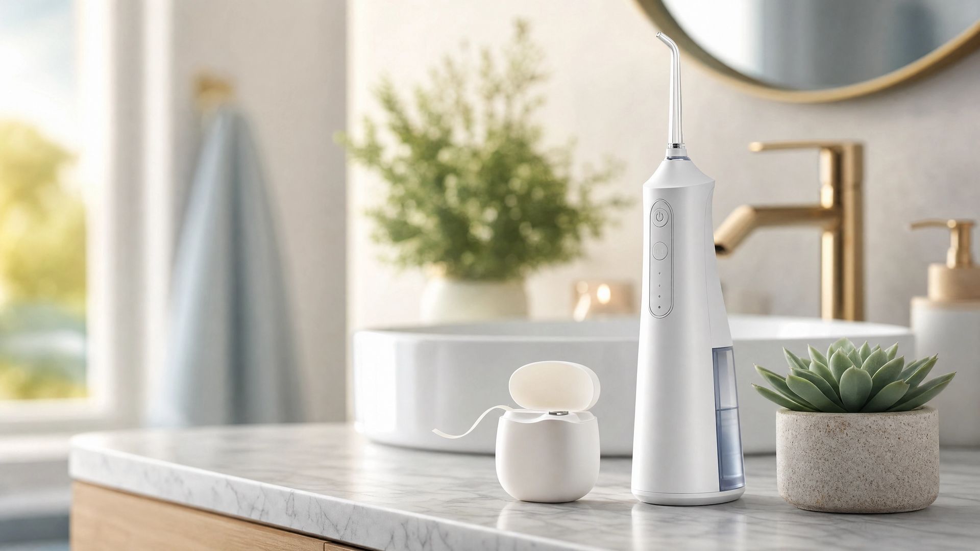A serene, modern bathroom vanity setting bathed in soft, natural morning light. 