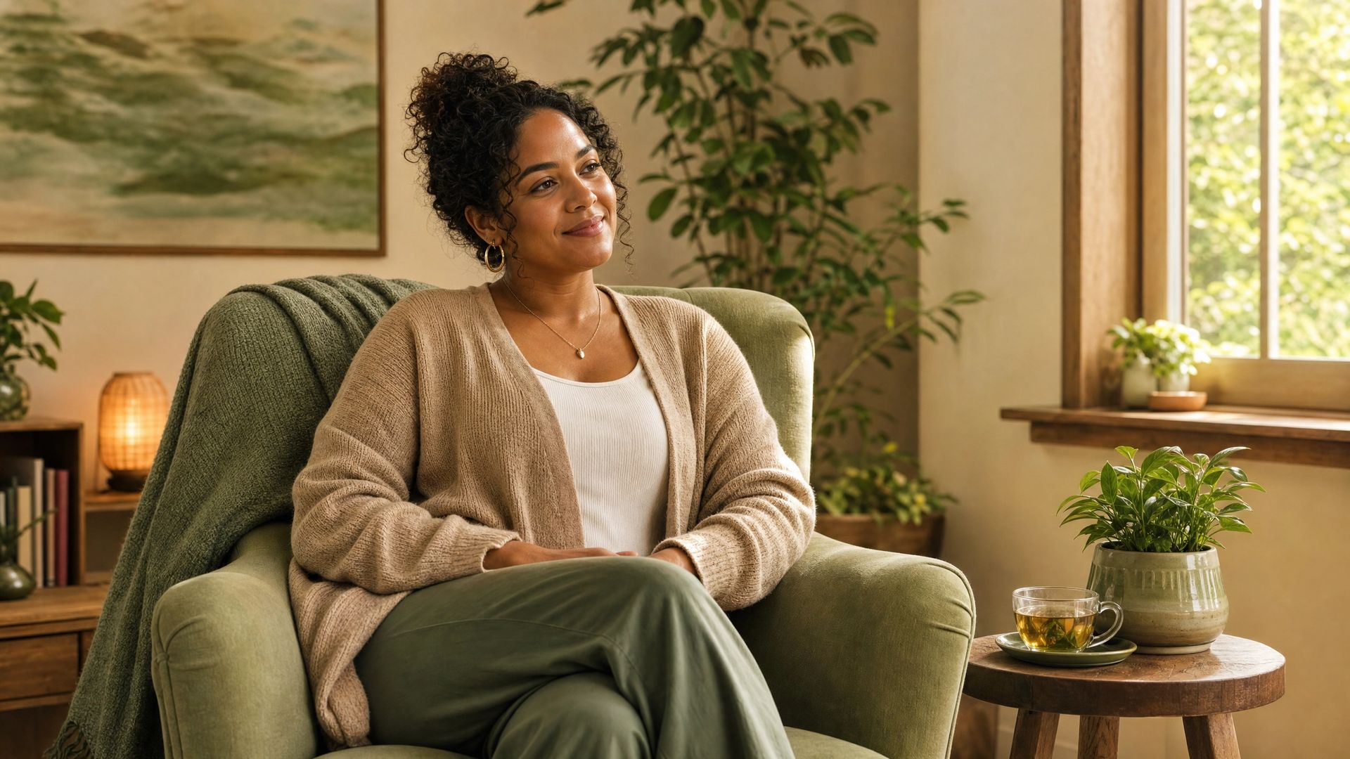 Woman seated in a cozy green chair by a sunlit window, with plants and a side table nearby