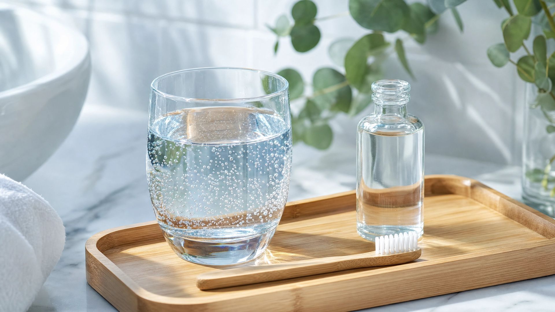 Glass of water and a small bottle on a wooden tray in a bright, minimalist setting