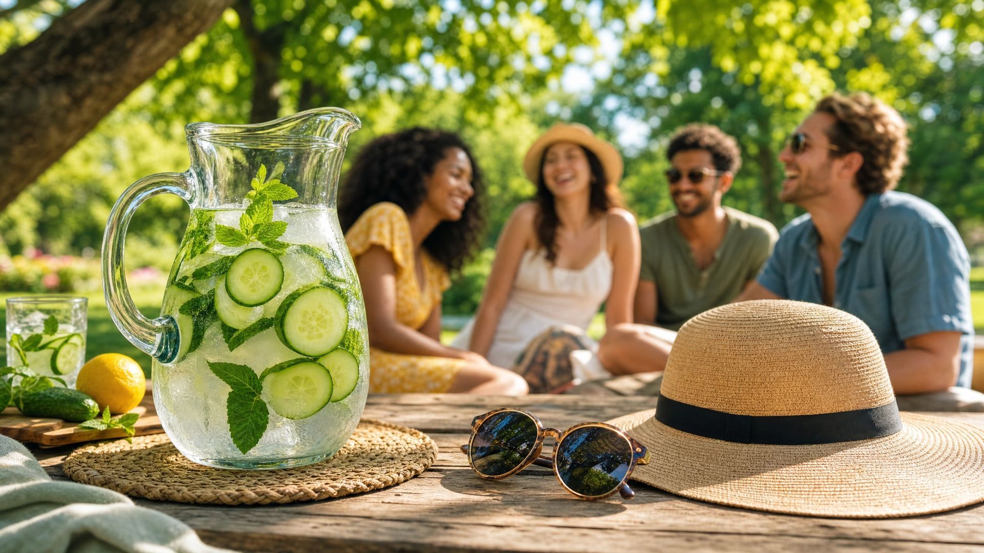 Outdoor picnic scene with cucumber-infused pitcher, sunglasses, straw hat, and friends chatting in the background