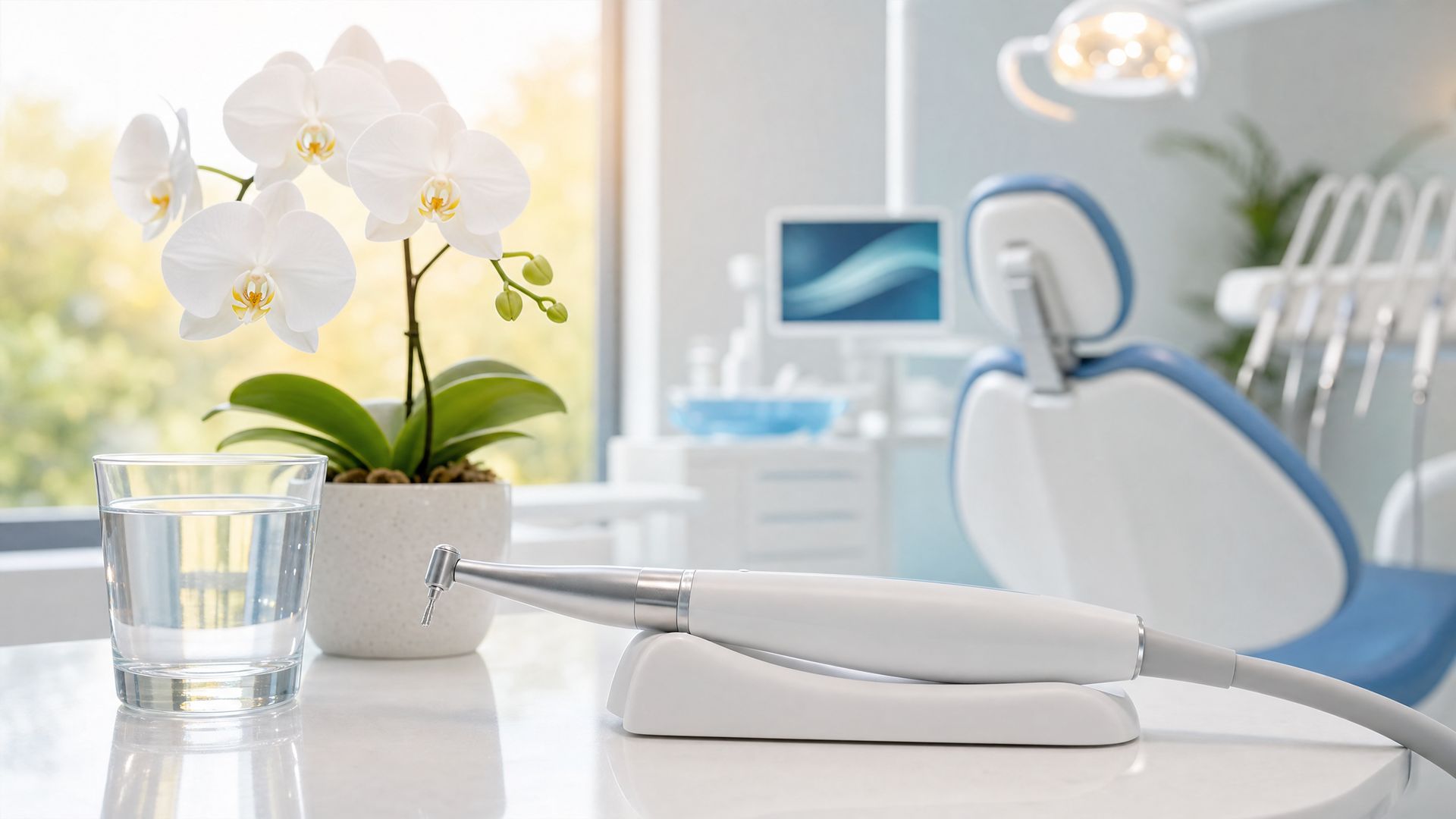 Dental office with white orchid, glass of water, and a dental tool on a tray