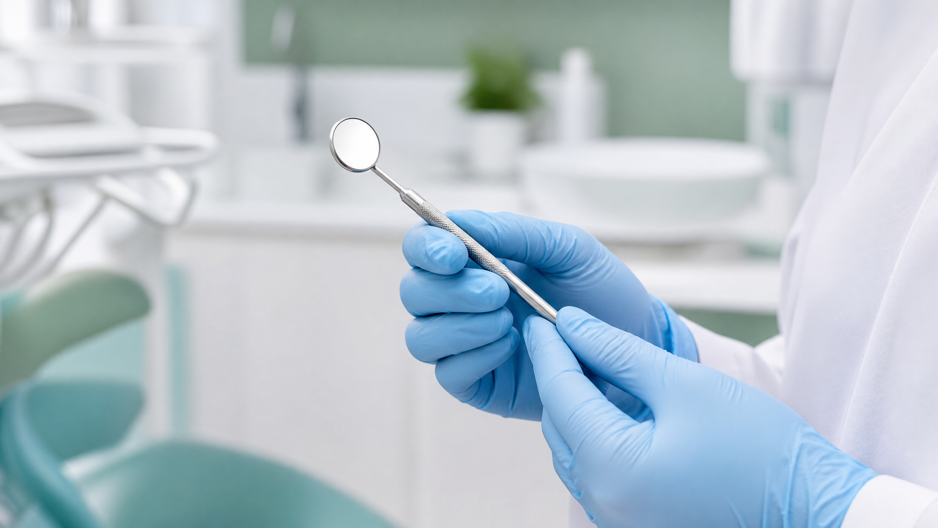 Gloved hands holding a dental mirror and probe in a clinic setting