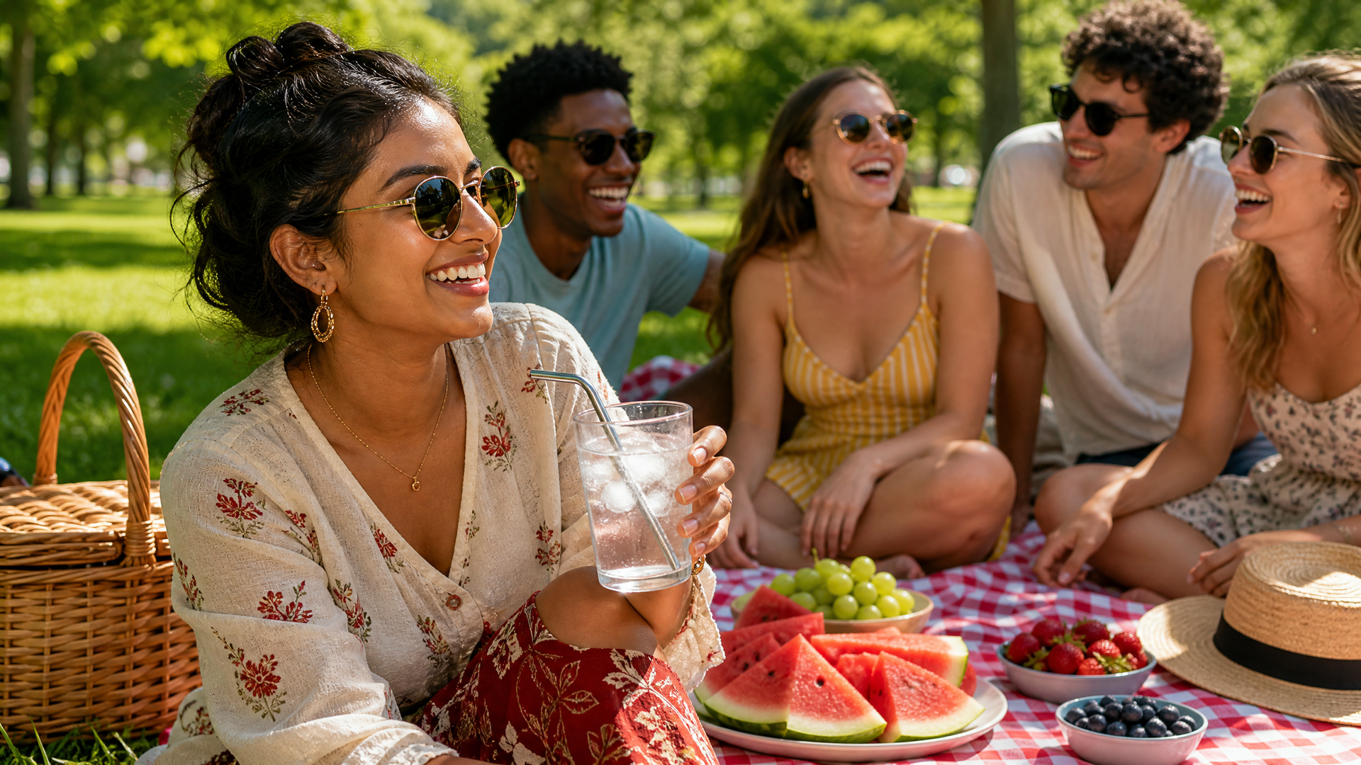 Friends smiling at a picnic with watermelon, berries, and drinks on a sunny lawn