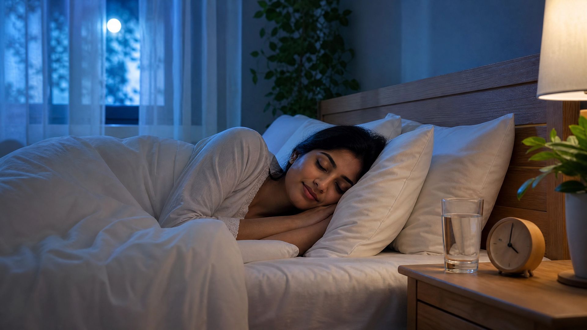 Person sleeping in a bed with white bedding beside a nightstand and lamp in a softly lit bedroom