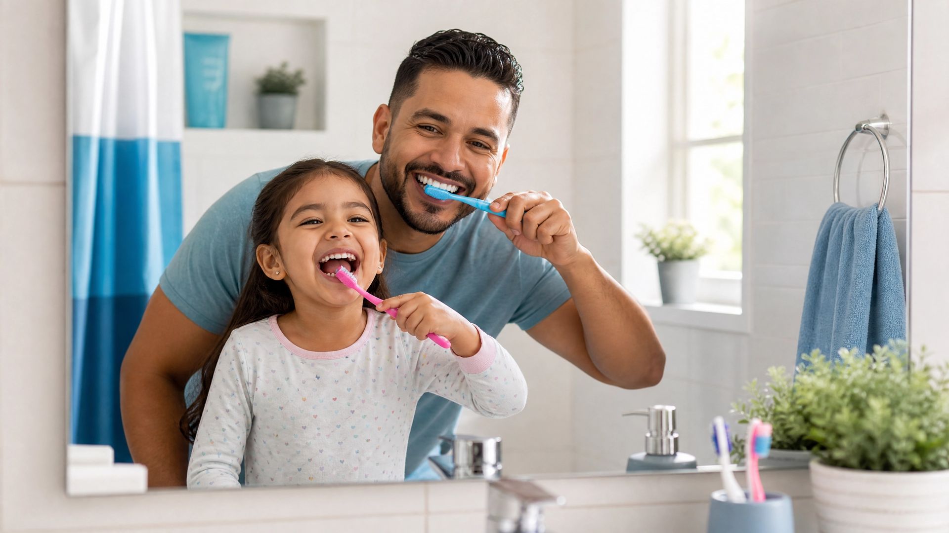 Adult and child brushing teeth together in a bright bathroom, both smiling in the mirror.