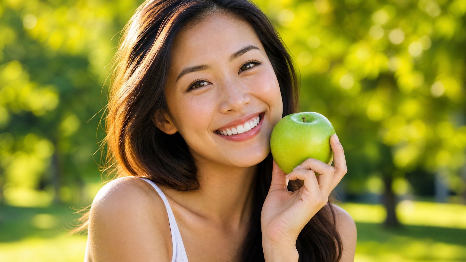 Smiling person holding a green apple outdoors in a sunny park
