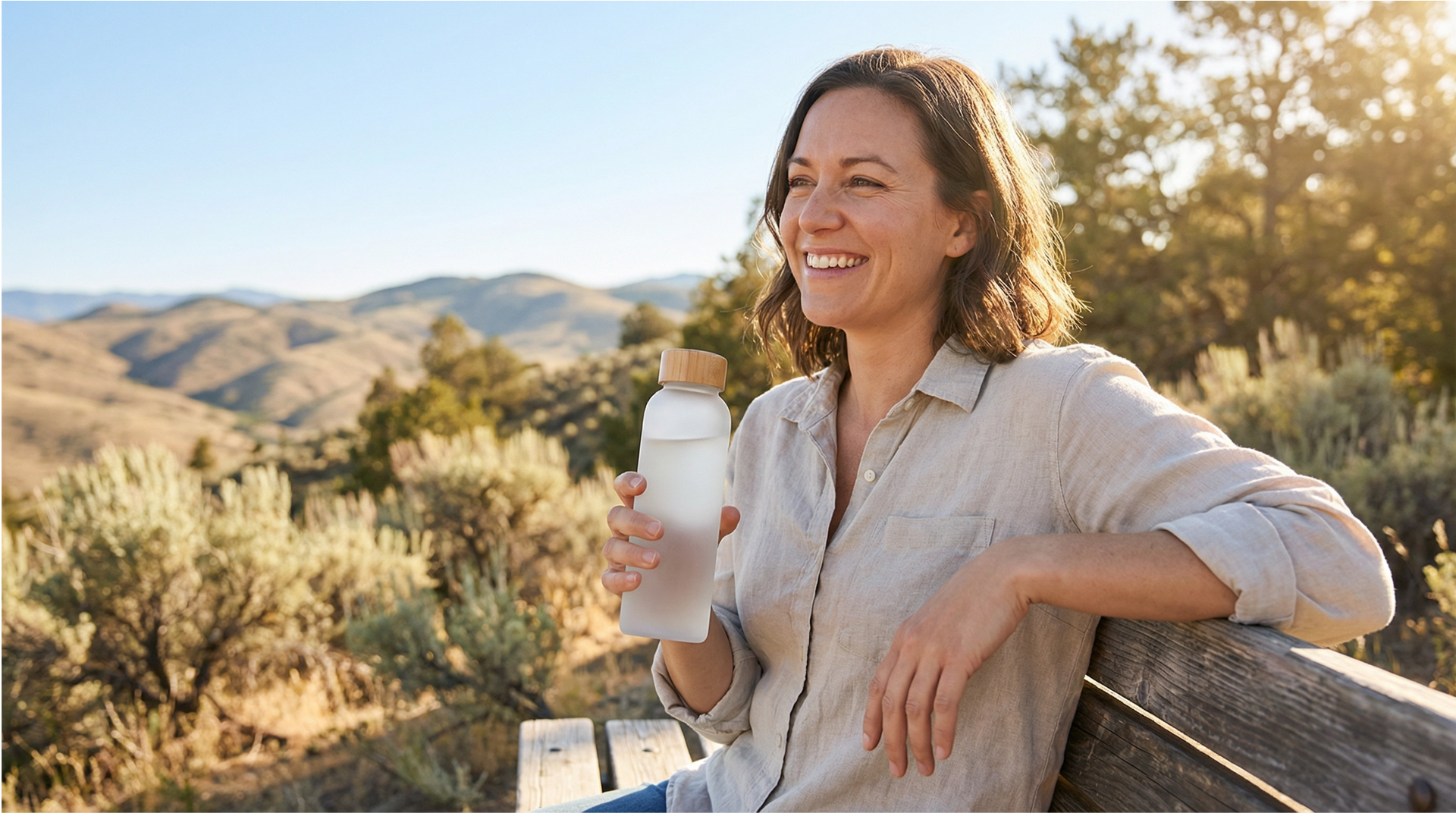 A bright, refreshing, horizontal photograph of a person smiling genuinely 