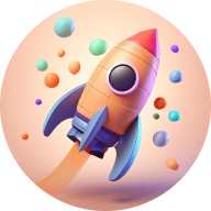 A cartoon rocket is flying through the air in a circle surrounded by colorful balls.