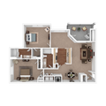 A grey icon depicting a simplified floor plan with two distinct rooms and a small circle containing the number two.