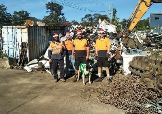 A Group of Men Standing Next to a Dog Wearing Santa Hats — Hastings Scrap Metal Recyclers in Wauchope, NSW