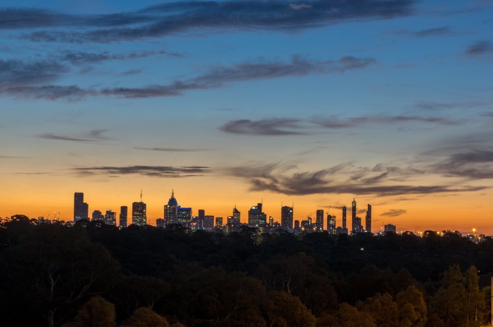 A City Skyline is Silhouetted Against a Sunset Sky With Trees in the Foreground — Hastings Scrap Metal Recyclers in Kew, NSW