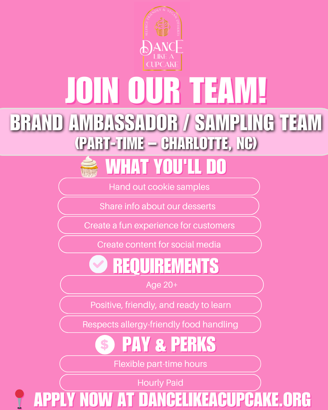 A pink poster with sponsorship levels for cupcake starter , sprinkle partner , power up sponsor , and platinum baker.
