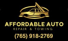 A gold-colored logo of a tow truck over the text "AFFORDABLE AUTO REPAIR & TOWING" and the phone number (765) 918-2769.