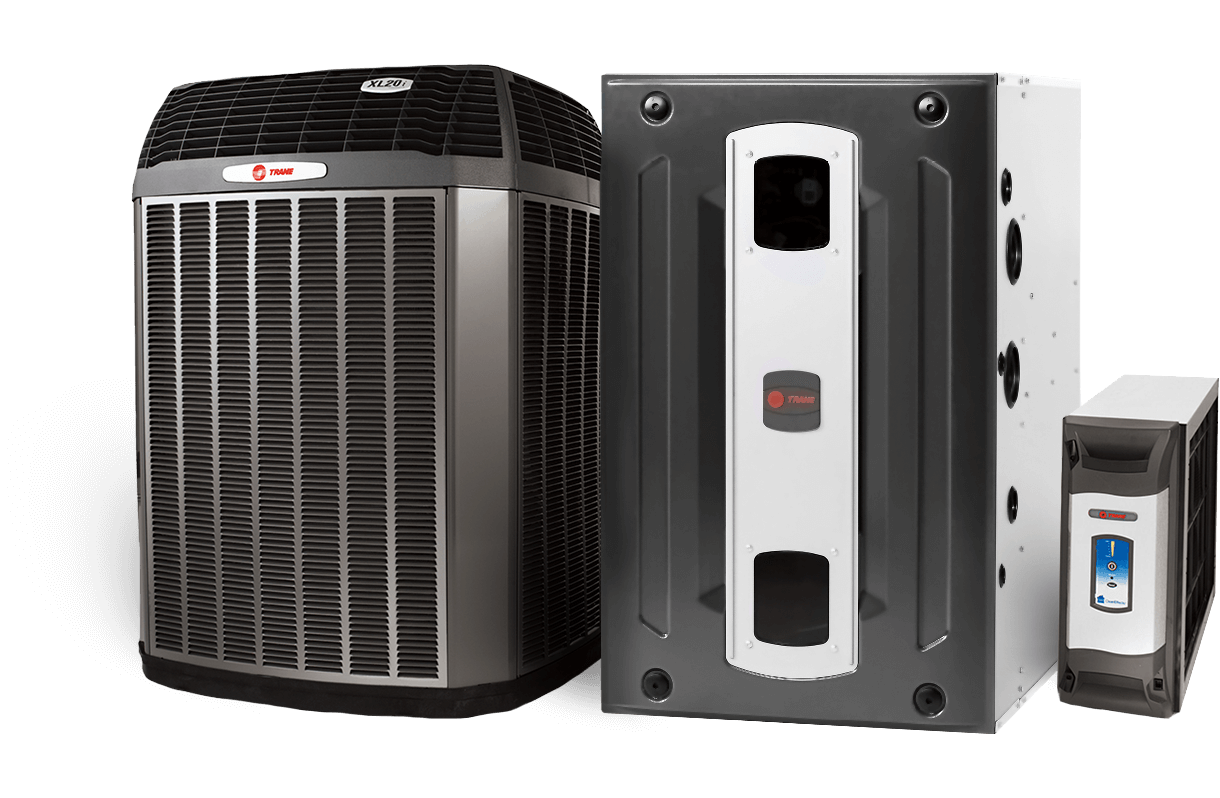 Three different types of air conditioners are sitting next to each other on a white background.