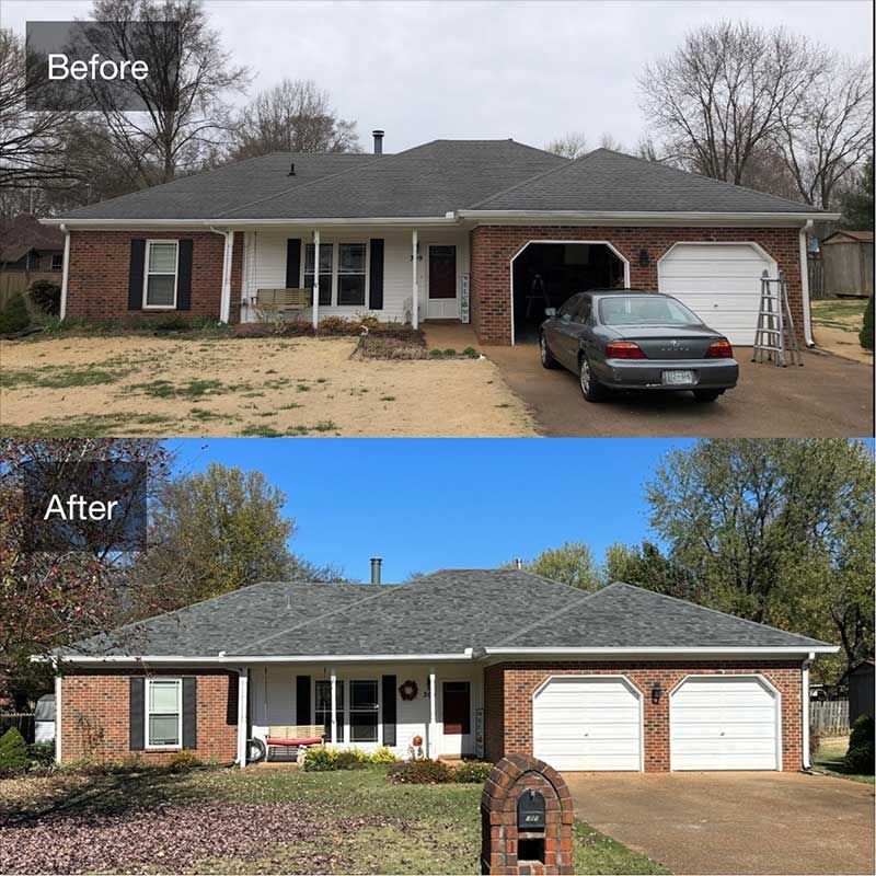 A before and after picture of a house with a car parked in front of it