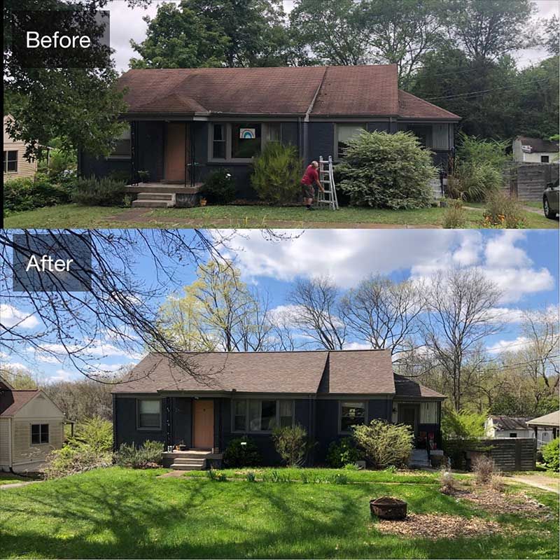 A before and after picture of a house being painted.