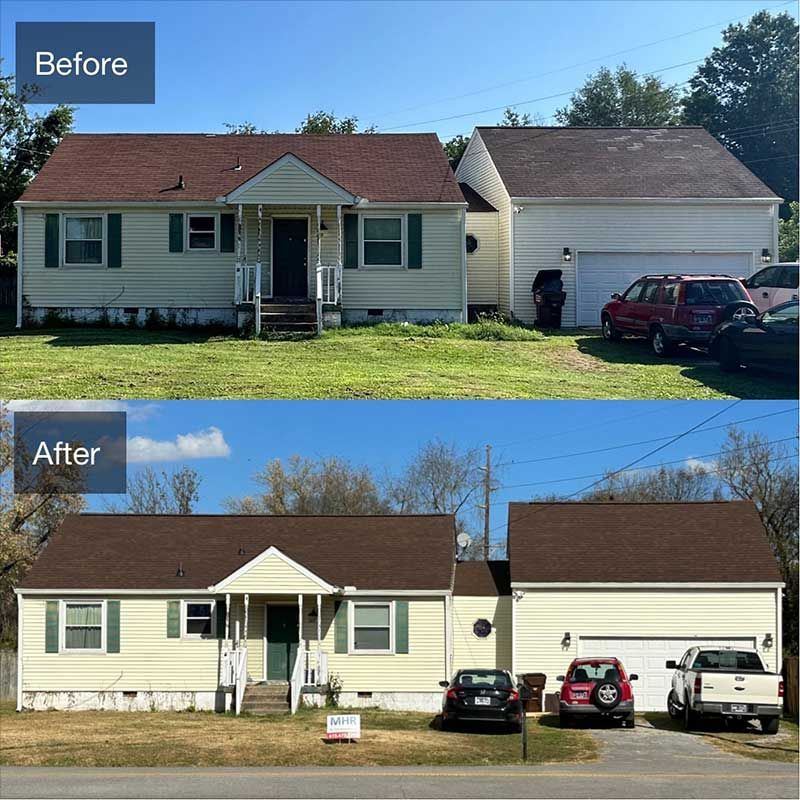 A before and after picture of a house with a brown roof