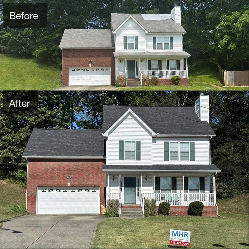 A before and after photo of a house with a mfr sign in front of it