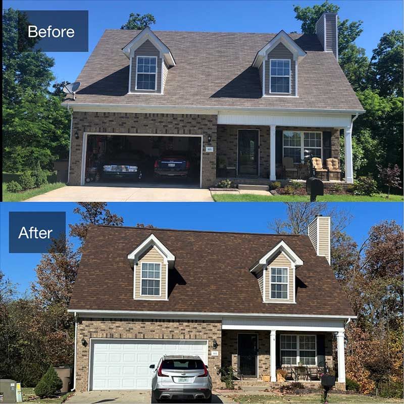 A before and after picture of a house with a brown roof