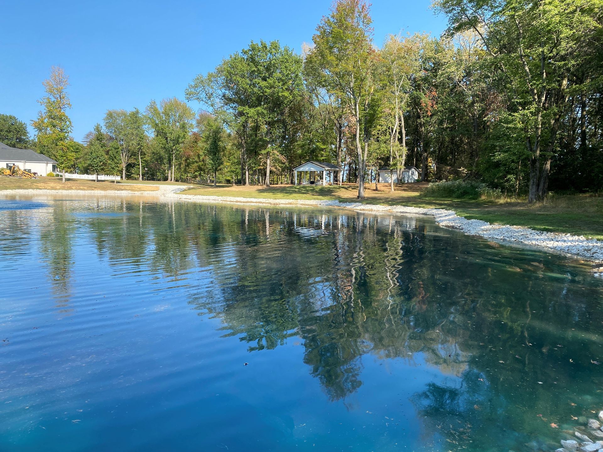 A large body of water surrounded by trees on a sunny day.
