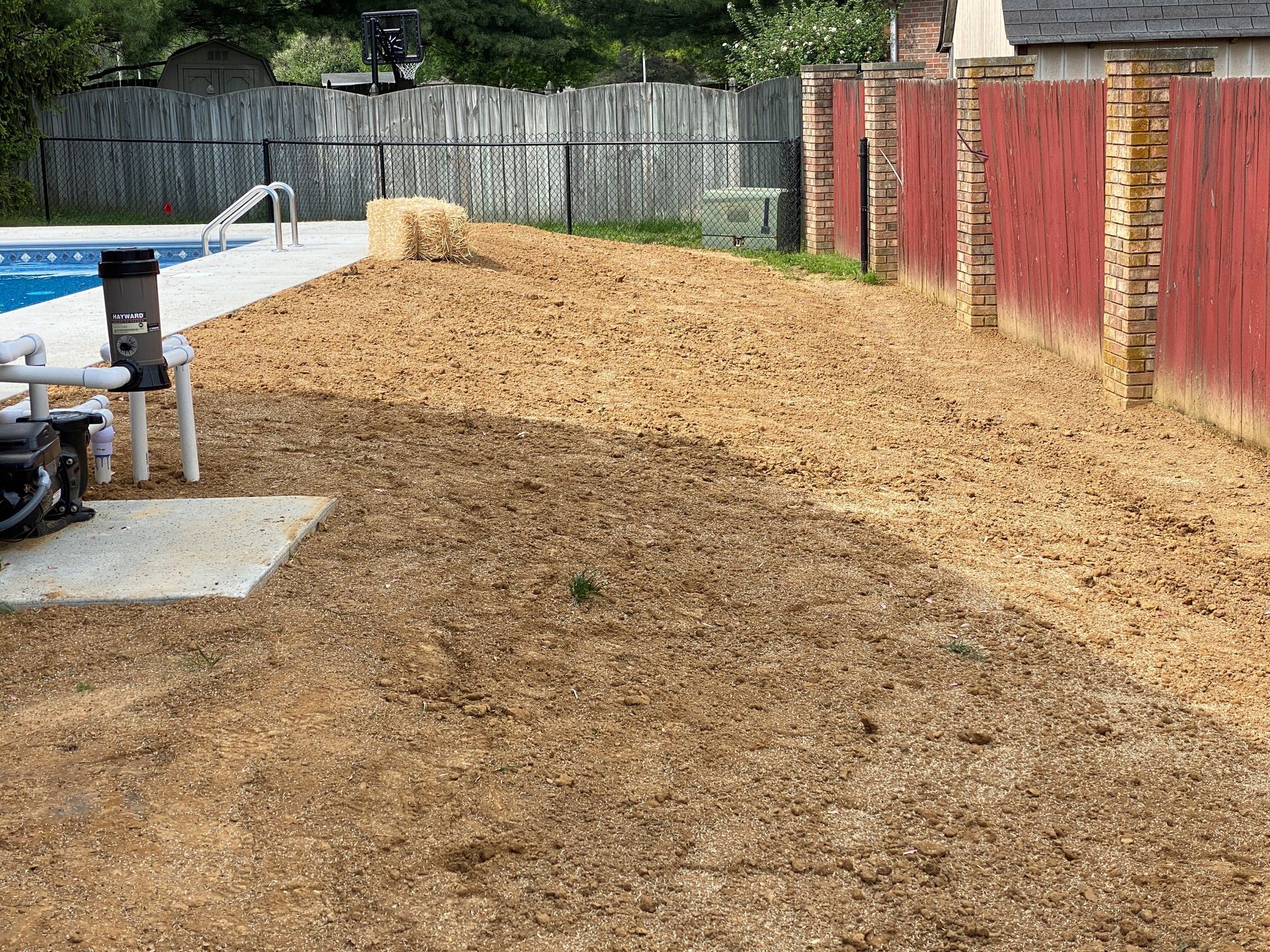 A backyard with a swimming pool and a picnic table.