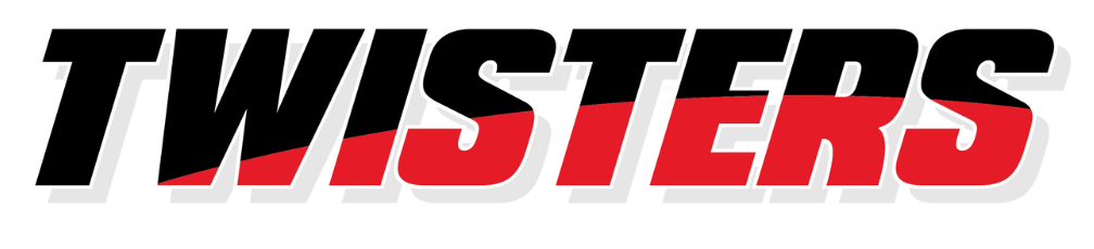 A red and black twisters logo on a white background
